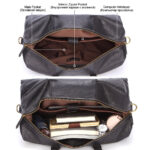 A Weekender Duffle Bag is shown empty with an open zipper and brown interior in the top view, and filled with books and a bottle in the bottom view, highlighting its spacious main pocket and multiple compartments.