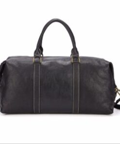 A black leather Weekender Duffle Bag with easy hand-carry handles and a deattachable strap with zipper closure.