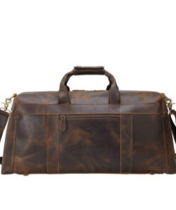 A sophisticated brown Leather Duffle Travel Bag with easy carry handles and a long shoulder straps and zipper closure and a zip pocket outside.