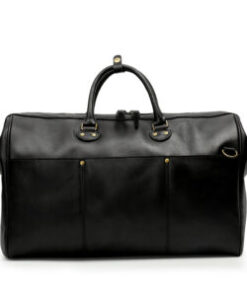 sleek black cowhide duffle handbags with easy-carry handles and a long zipper.