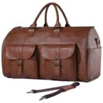 A brown leather Multifunctional Luggage Bag with two front pockets, two easy hand-carry handles, buckles, and a detachable shoulder strap
